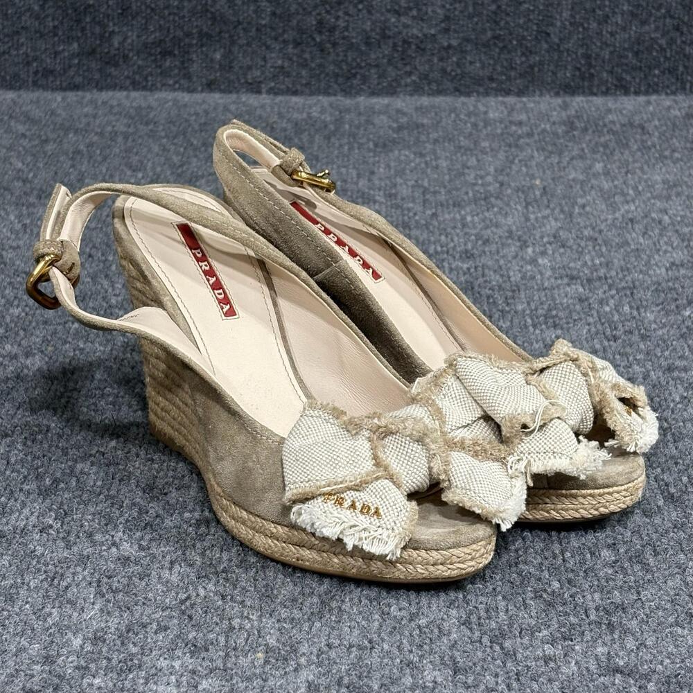 Prada Wedge Sandals Womens 5.5 Beige Espadrille Bow Peep Toe Suede Canvas